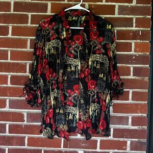 Belissimo New York Rose Print Sheer Button Up Blouse Gothic Romantic